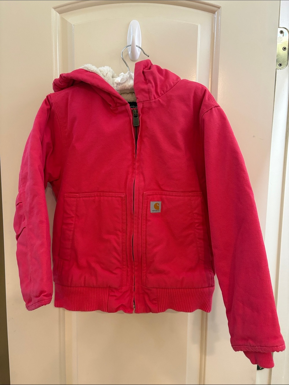 Carhartt Kids Puffer Jacket with Pink Shell and Cream Sherpa Lining